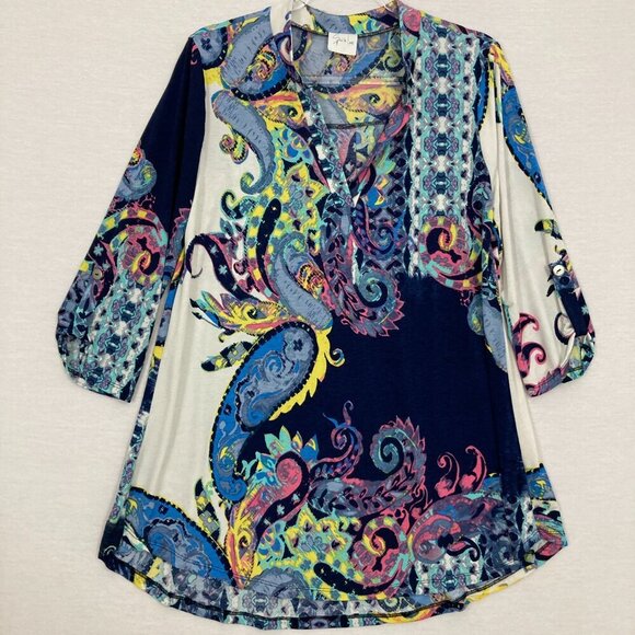 Sew In Love Colorful Artsy Paisley Stretch Pullover Rolled Tab Tunic Medium - Picture 1 of 10